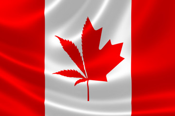 Illustration of Canada Flag With Cannabis Plant and Maple Leaf Symbol