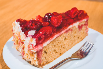 Berry pie. Homemade baking. Cake with raspberries. Sweet dessert.