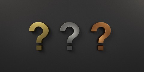 Golden, Silver, bronze Question Marks Isolated. 3D Render illustration