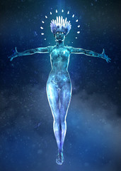 3d illustration of beautyful ice woman with glowing crystal crown and small crystals on the body Floating in the air with hands strtched enchanting. snow magic queen music poster concept render