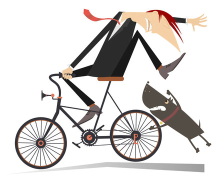 Man on the bicycle and aggressive dog illustration. Angry dog pursues a frightened cyclist isolated on white illustration
