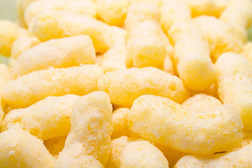 Sweet corn flakes, breakfast ready closeup.