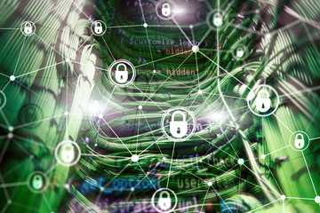 Cyber security, information privacy, data protection concept on modern server room background. Internet and digital technology concept.