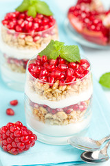 Pomegranate parfait - sweet organic layered dessert with granola flakes, yogurt and red ripe fruit seeds.