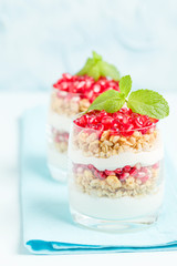 Pomegranate parfait - sweet organic layered dessert with granola flakes, yogurt and ripe fruit seeds.