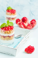 Pomegranate parfait - sweet organic layered dessert with granola flakes, yogurt and red ripe fruit seeds.