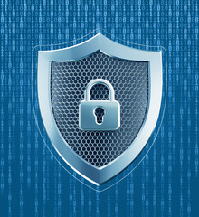 System Under Protection. Metallic shield pictured in techno style on digital background formed from binary code. 3D rendering graphic composition on the subject of 'Cybersecurity'.