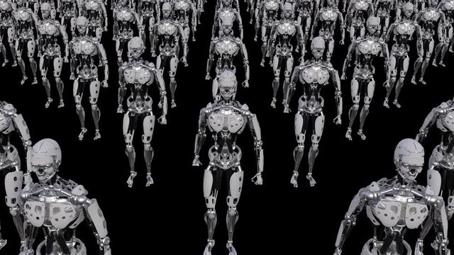 a crowd of robots  is coming ,loop,animation,transparent background