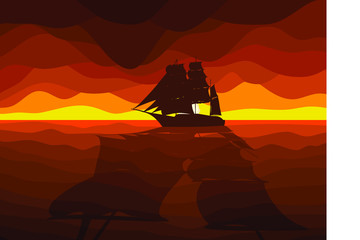 Sea Landscape. Sailboat on the Background of the Sunset. Poster in a Flat Style