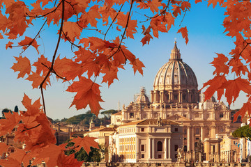 Beautiful view of St. Peter's Basilica in the Vatican from the Tiber River in Rome Italy in the...