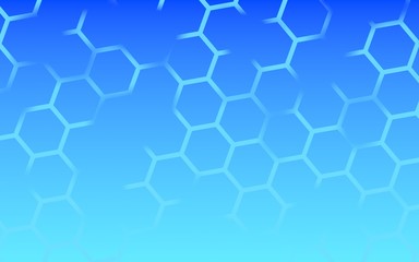 Translucent, with breaks, honeycomb on a gradient blue sky background. Perspective view on polygon look like honeycomb. Isometric geometry. 3D illustration