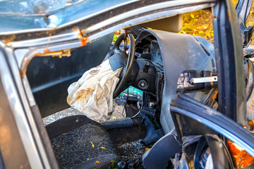 Crash car, deployed airbag closeup - obrazy, fototapety, plakaty
