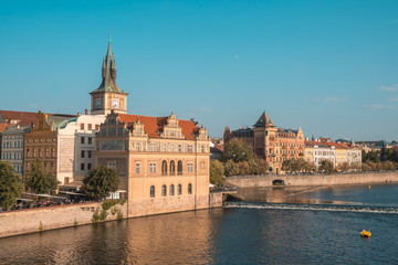 View to Vitava river from Charles Bridge in Prague, beautiful summer day