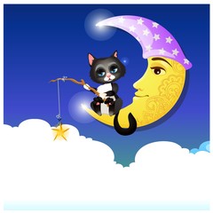 Cute fancy poster with animated cat catching with a fishing rod a gold star. Vector cartoon close-up illustration.