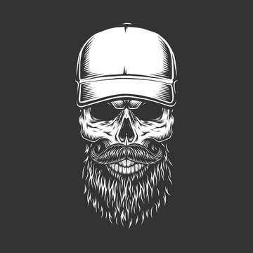 Vintage monochrome skull in baseball cap