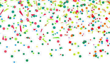 Colored pattern with geometric elements on white. Holiday background with confetti. Texture from glitters. Festive frame. Print for banners, posters, t-shirts and textiles. Greeting cards