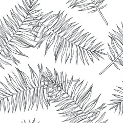 Materiał do szycia Vector vintage botanical seamless pattern with palm leaves in engraving style. Hand drawn texture with tropical plant branches isolated on white. Floral background. Sketch of natural element.