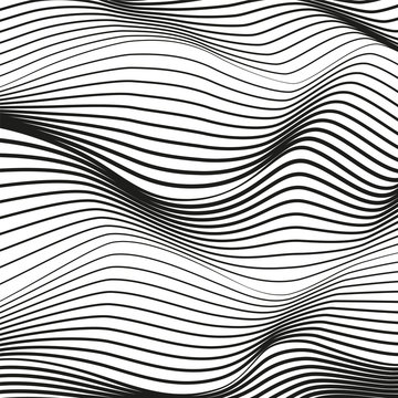 Black undulating lines on white background. Deformed surface. Abstract op art pattern. Modern conceptual illusion. Vector squiggle, warped, waving lines. Tech design. EPS10 illustration