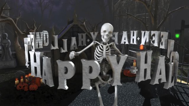 Seamless animation of skeleton with a sexy dance in a cemetery at night. Halloween letters spinning around.