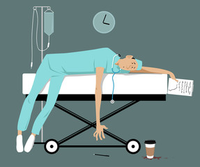 Exhausted overworked doctor or intern lying on a gurney, EPS 8 vector illustration