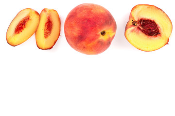 ripe peaches isolated on white background with copy space for your text. Top view. Flat lay pattern