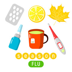 Set of cold and flu season items in vector flat design, hot beverage tea mug, lemon, aspirin pills, thermometer, nasal drops. Ideal for health and medical flu season brochures and other printables