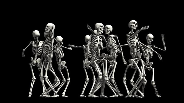 Orange seamless animation of skeletons with a sensual dance. Funny halloween background.