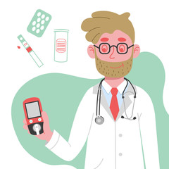 Doctor holds a blood glucose meter in his hand. The concept of the day of diabetes. World Diabetes Day Banner. Vector illustration in flat style