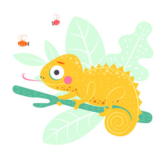 Cute yellow chameleon sitting on the green branch with light green leaves on background, vector illustration. Art poster for nursery or kids room poster