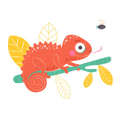 Cute orange chameleon sitting on the green branch with light yellow leaves on background, vector illustration. Art poster for nursery or kids room poster
