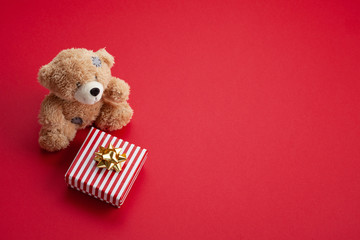 Festive christmas mockup over the red  background with copy space for text and xmas decoration