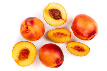 ripe nectarine isolated on white background. Top view. Flat lay pattern