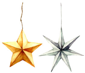 Obraz premium Watercolor stars decoration. Hand painted gold and silver stars isolated on white background. Christmas toys. Holiday modern decor illustration.