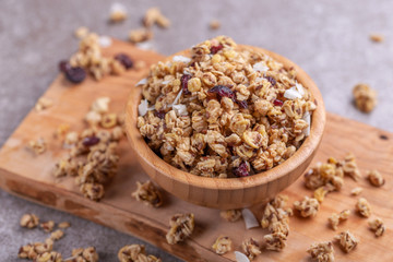 Bowl of homemade granola with nuts. Copy space