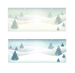 Winter woodland landscape with spruce fir trees and snowflakes, white, green and blue silhouettes. Vector