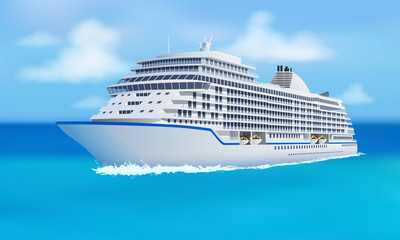 Great cruise liner, ocean, blue sky in flat style. Cruise, family vacation holiday summer luxury. Vector illustration.