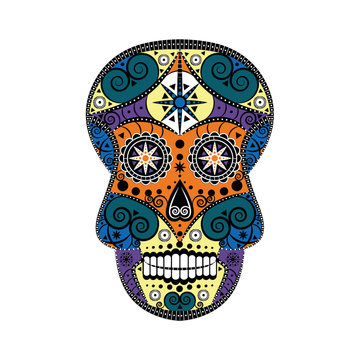 Colourful design of Mexican sugar skull Halloween and Day of the Dead symbol with floral, swirly and geometric elements