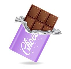 Chocolate bar in opened purple wrapped and foil isolated on white background, dessert, vector illustration in flat style