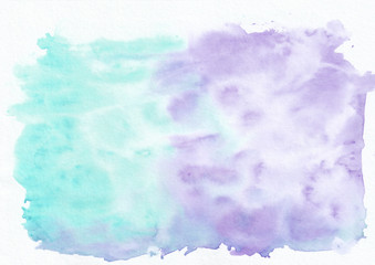 Obraz premium Purple (or amethyst) and turquoise (sky blue) mixed watercolor horizontal gradient background. It's useful for greeting cards, valentines, letters. Abstract art style handicraft pattern.