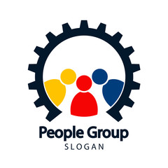 Teamwork gear icon, meeting people logo.