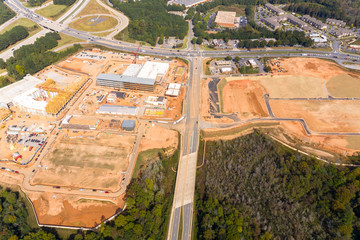 Aerial view of new mall and residences construction in Atlanta Suburbs