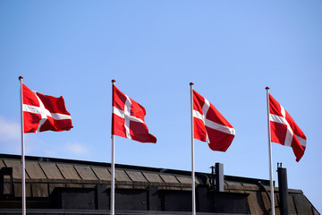Naklejka premium Denmark flag on a mat in the wind and blue sky