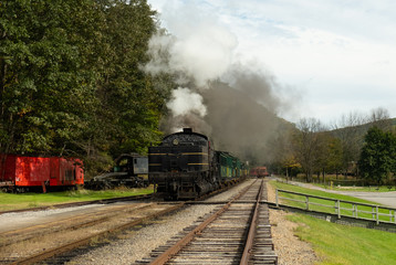 Fototapeta na wymiar Steam train in a train yard-1