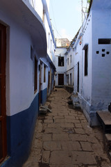 Fototapeta na wymiar Translation: The narrow and colorful alley (plus cows) of Varanasi