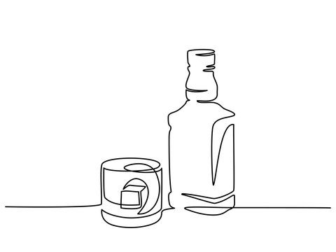 Continuous one line drawing. Bottle and glass of whiskey with ice. Vector illustration