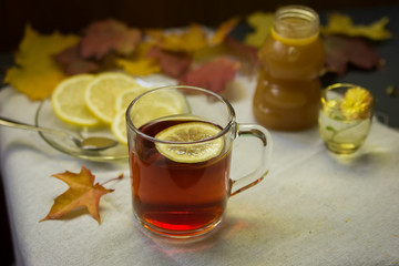 tea with lemon, autumn still life, cozy photo, atmospheric photo, Breakfast, retro, vintage, country life
