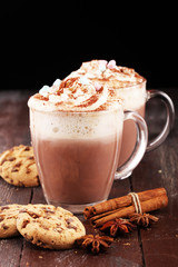 Hot chocolate cocoa with whipped cream on table.