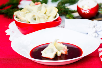 red borscht with dumplings