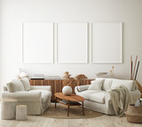 mock up poster frame in modern interior background, living room, Scandinavian style, 3D render, 3D illustration