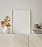 mock up poster frame in modern interior background, living room, Scandinavian style, 3D render, 3D illustration